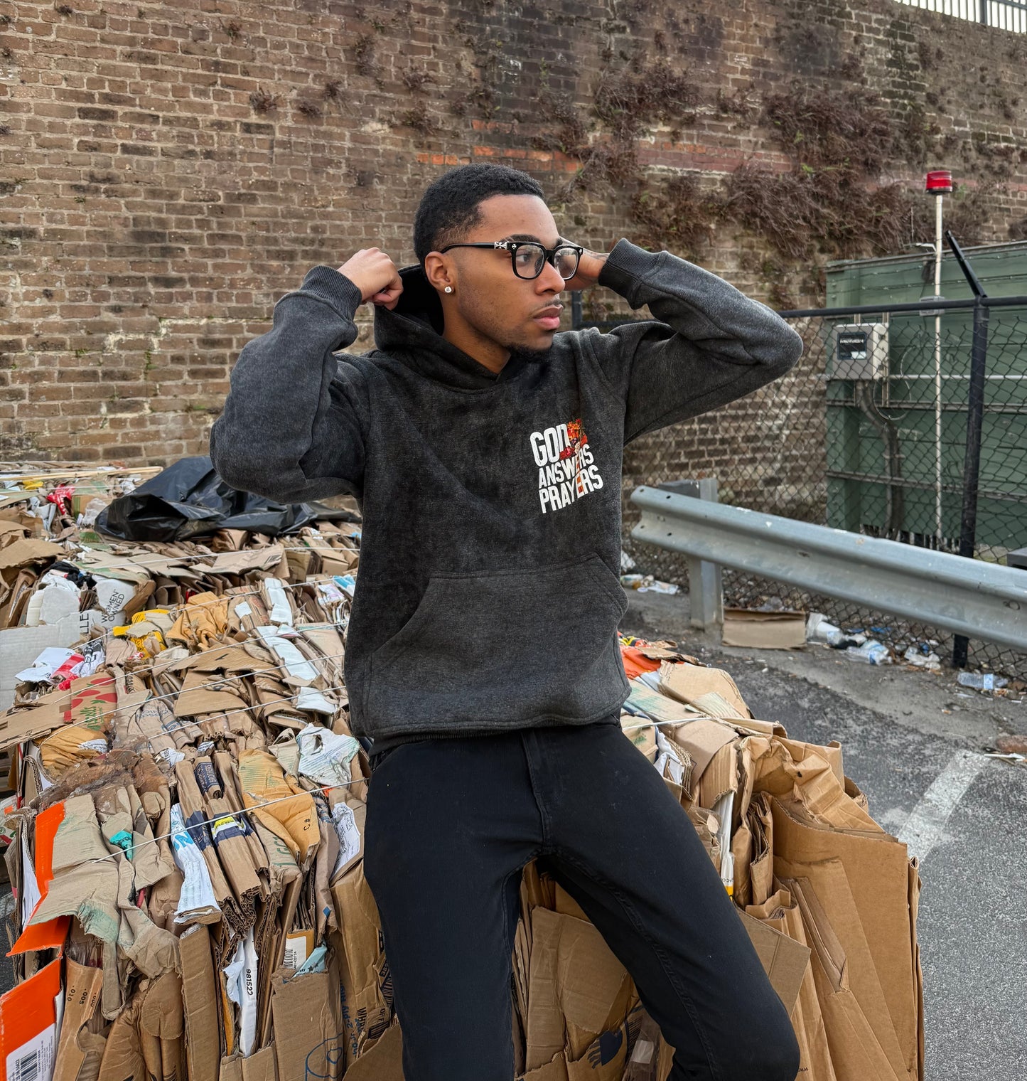 Black Acid Washed God Answers Prayers Hoodie