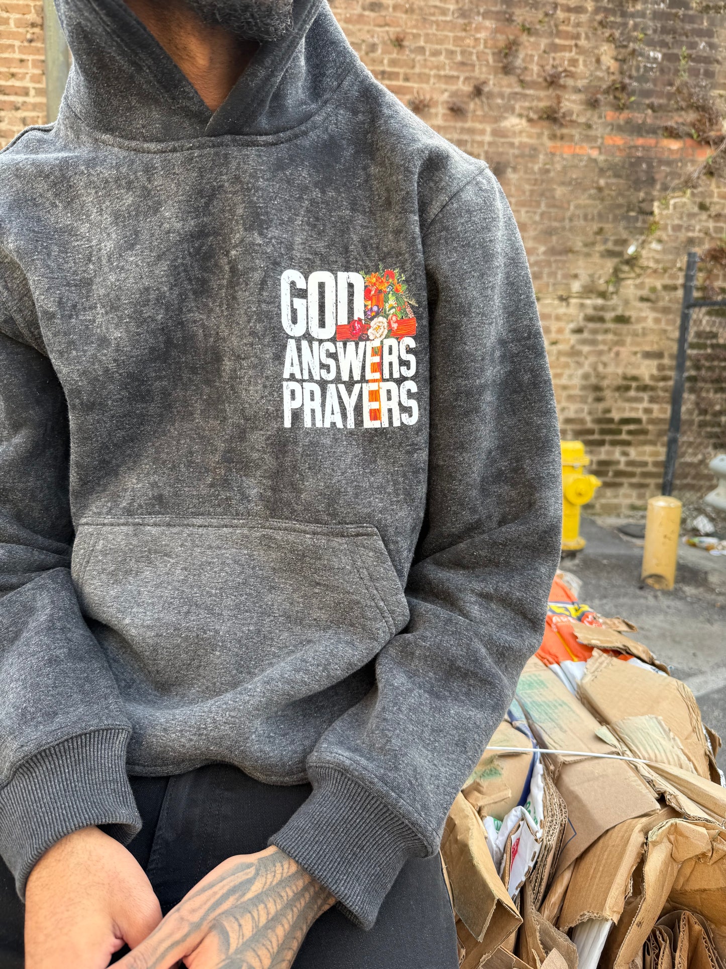 Black Acid Washed God Answers Prayers Hoodie