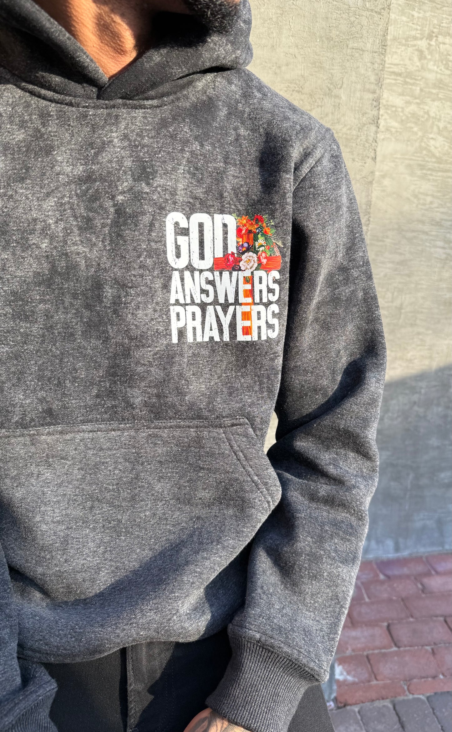 Black Acid Washed God Answers Prayers Hoodie