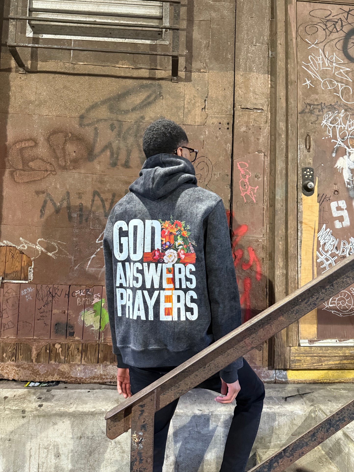 Black Acid Washed God Answers Prayers Hoodie